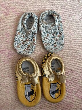 Freshly Picked White Patterned Moccasins & Gold Hufflepuff Soft Soles